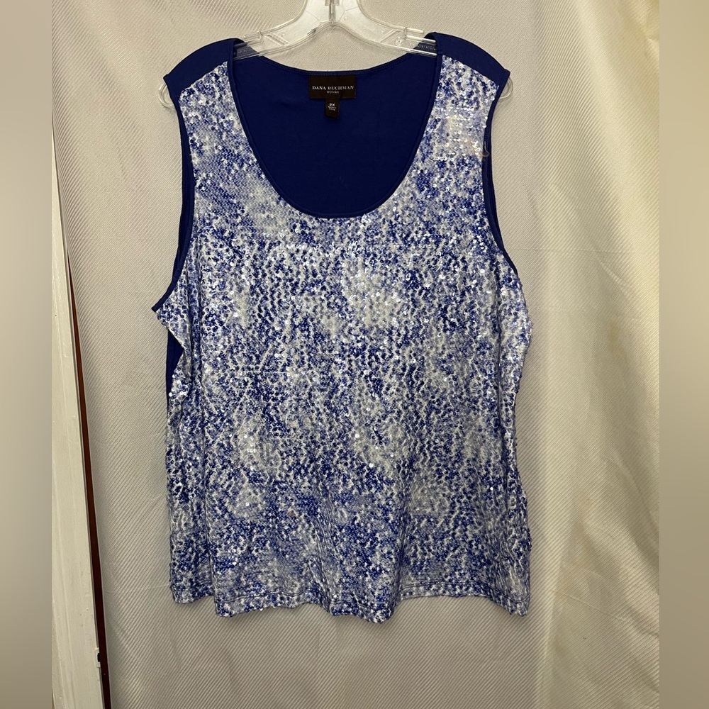 Dana Buchman Sequin Blue and White Sleeveless Tank Top, layering piece 2X # 55